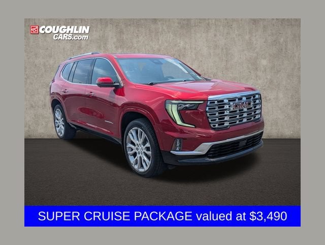 2025 GMC Acadia Denali in Volcanic Red Tintcoat — front three-quarter view